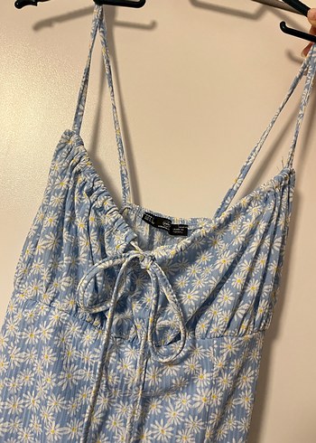 Mavi Bağcıklı Uzun Kadın çiçekli elbise içi astarlı - Görsel 4