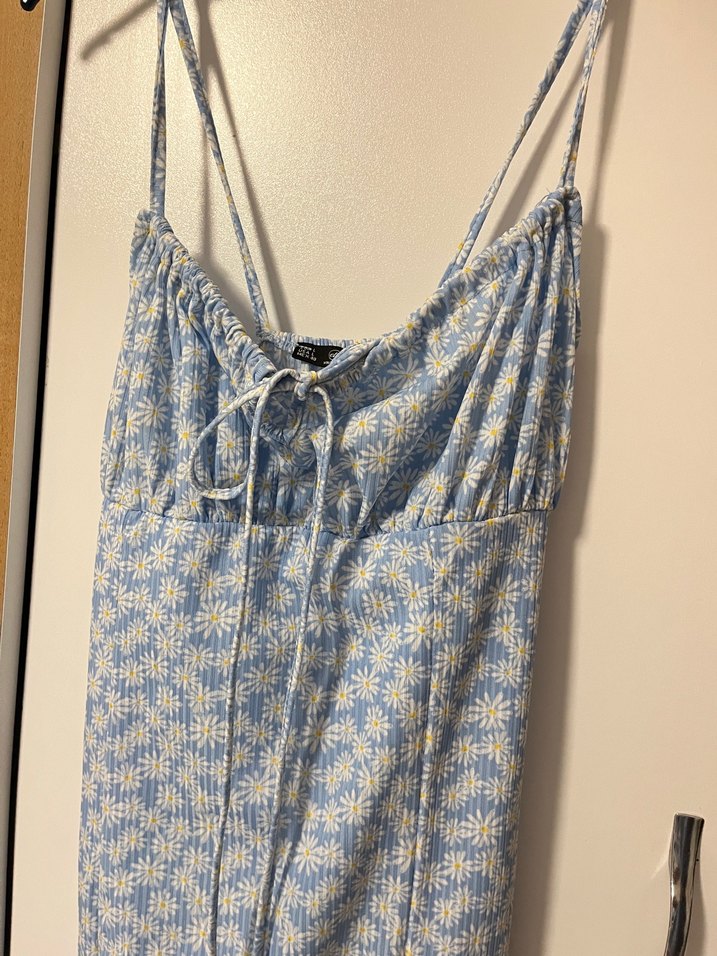 Mavi Bağcıklı Uzun Kadın çiçekli elbise içi astarlı - Görsel 3