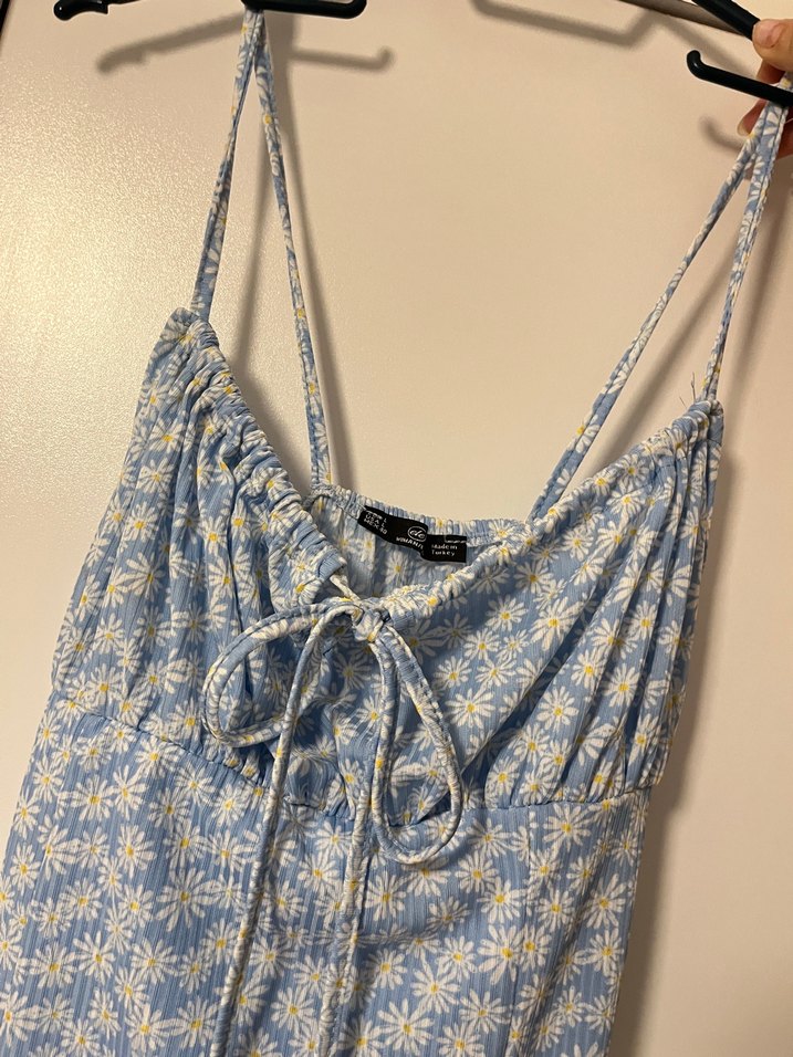 Mavi Bağcıklı Uzun Kadın çiçekli elbise içi astarlı - Görsel 4