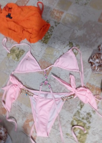 Pembe Mini Payetli İpli Bikini
