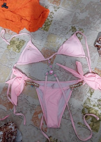 s Beden pembe Renk Pembe Mini Payetli İpli Bikini