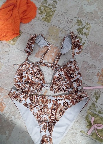 m Beden kahverengi Renk Dantel Detaylı Bohem Desenli Kadın Bikini