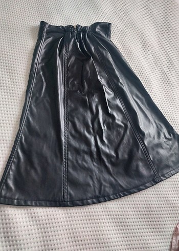 Fermuarlı Siyah Deri Midi  Etek - Görsel 2