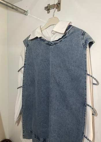 Diğer Kadın Mavi Denim Kemerli Midi Yelek