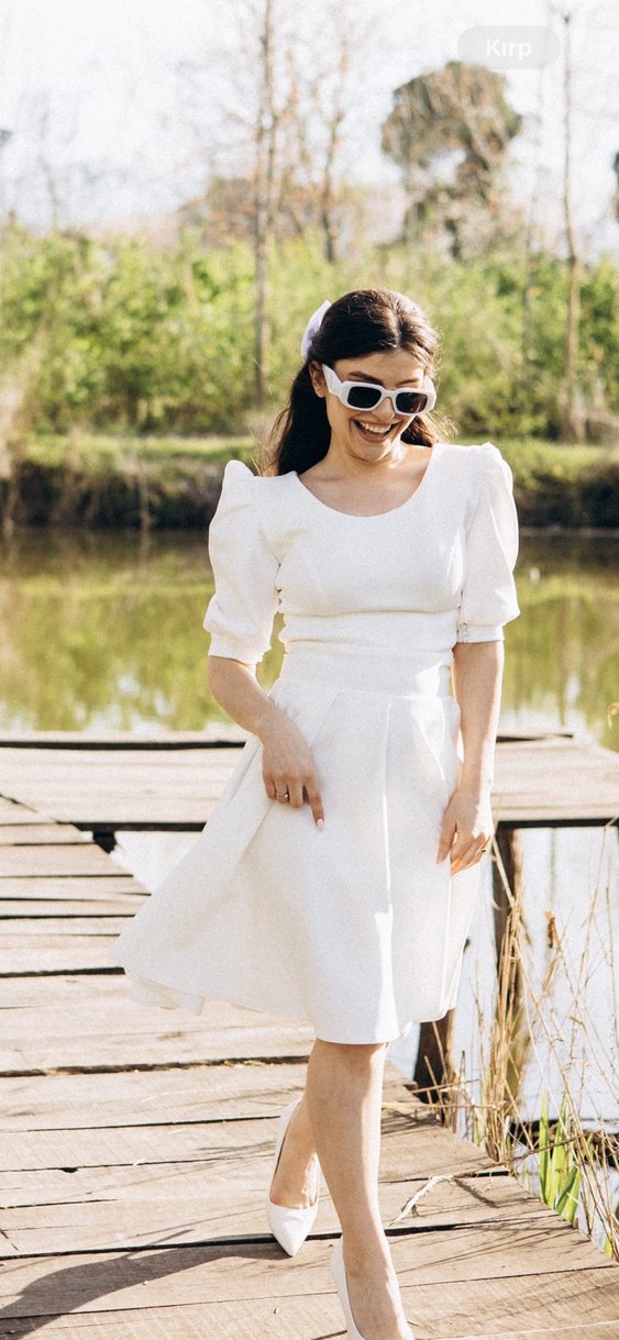 Beyaz Midi Keten Elbise - Görsel 5