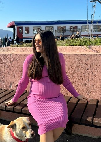 Pembe V Yaka Örgü Hamile Midi Elbise - Görsel 3