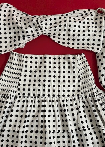 38 Beden Puantiye Desenli Pilili Mini Etek Üst takım