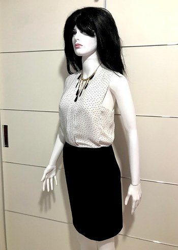 Beyaz Desenli Kolsuz Mini Ofis Elbisesi - Görsel 2