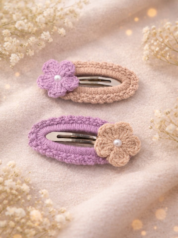 Dantel Çiçekli Bej ve Lila Çocuk Toka Seti - Görsel 2