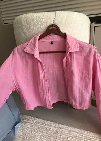 Pembe Keten Düğmeli Kadın Gömlek