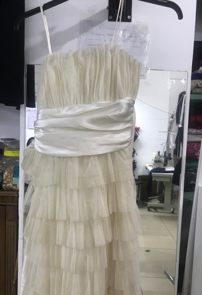 Beyaz Pilili Uzun Straplez Abiye Elbise - Görsel 2