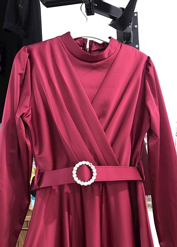 Bordo Parlak Uzun Kol V Yaka Kemerli ABİYE ELBİSE - Görsel 2