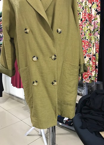 Kadın Haki Uzun Keten Düğmeli Ceket - Görsel 2