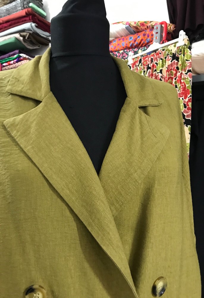 Kadın Haki Uzun Keten Düğmeli Ceket - Görsel 4