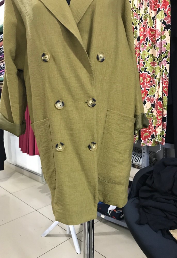 Kadın Haki Uzun Keten Düğmeli Ceket - Görsel 2