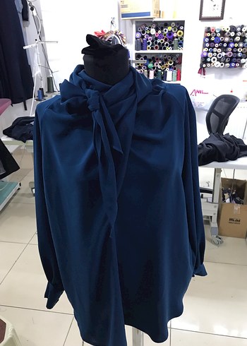 Lacivert Drapeli Uzun Kollu Kadın Bluz - Görsel 3