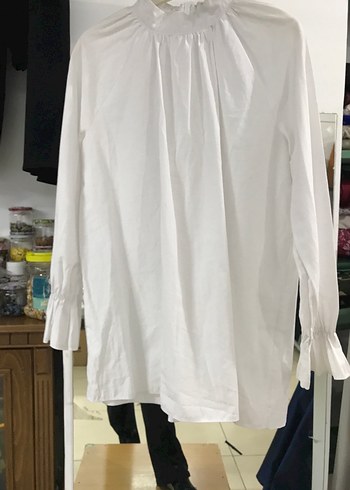 Beyaz Keten Uzun Kollu Yüksek Yakalı Kadın Gömlek - Görsel 2