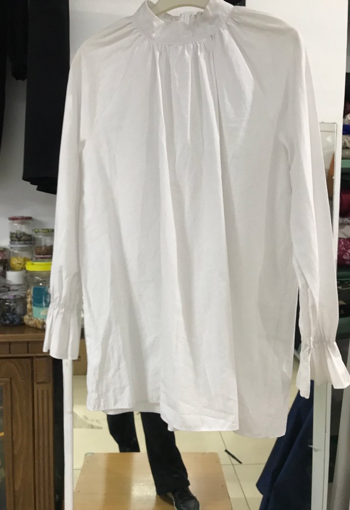 Beyaz Keten Uzun Kollu Yüksek Yakalı Kadın Gömlek - Görsel 2