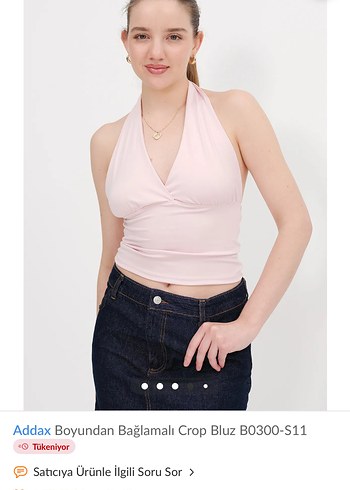 Addax Pembe Denim Boyundan Bağlamalı Crop Top