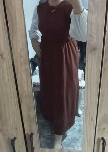 s Beden Kahverengi kolları şifon pamuklu kadın elbise