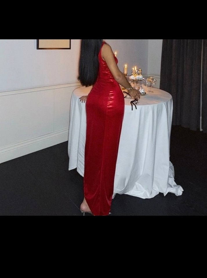 Kırmızı Drapeli Uzun Abiye Elbise - Görsel 2