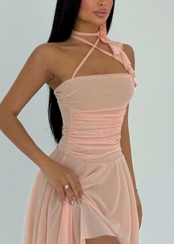 Pembe Drapeli Mini Straplez Elbise - Görsel 3