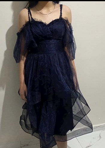 Lacivert Straplez Gotik Midi Abiye Elbise - Görsel 5