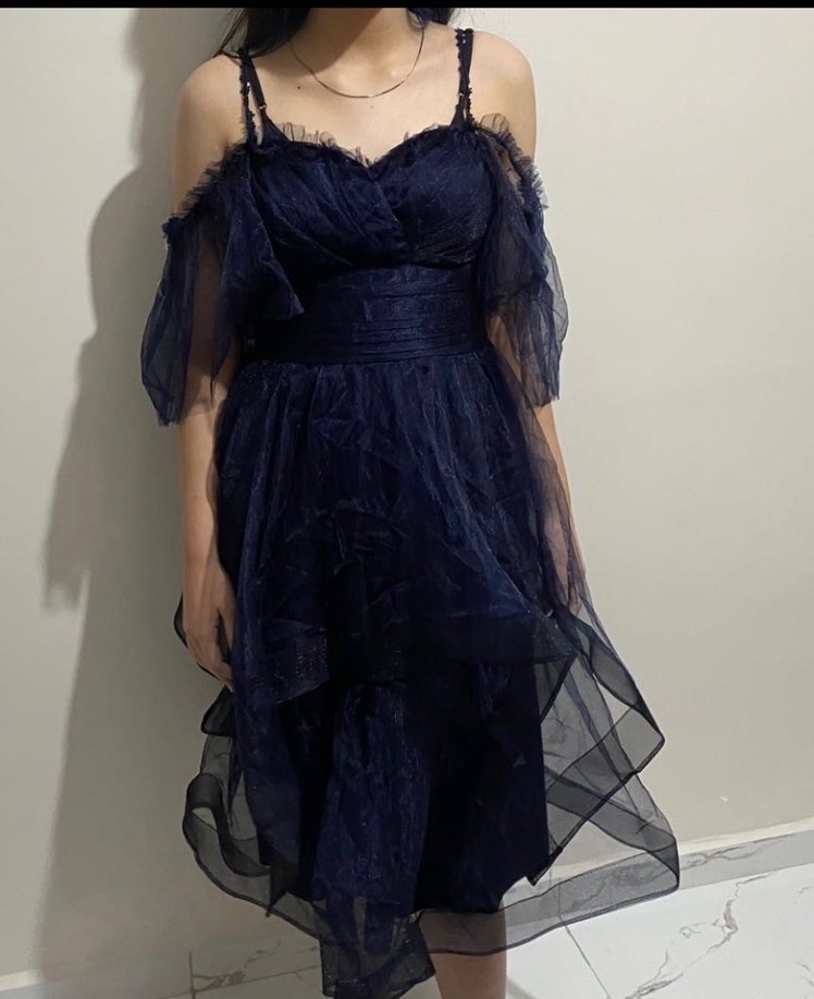 Lacivert Straplez Gotik Midi Abiye Elbise - Görsel 5