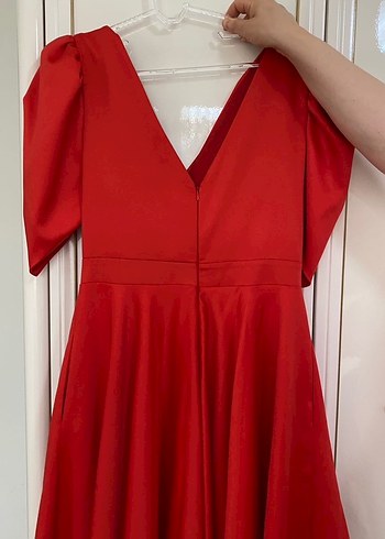Kırmızı Drapeli V Yaka Uzun Abiye Elbise - Görsel 4