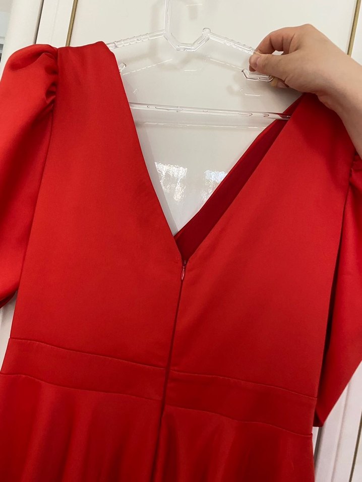 Kırmızı Drapeli V Yaka Uzun Abiye Elbise - Görsel 5