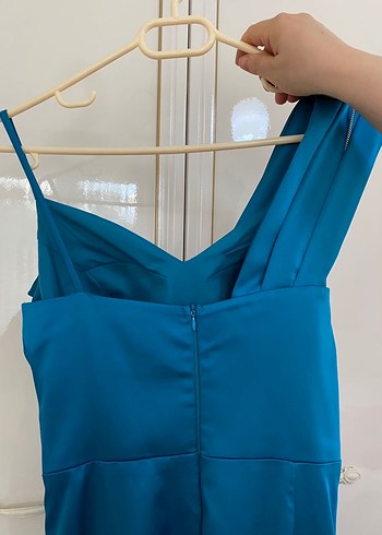 Mavi Drapeli Uzun Straplez Abiye Elbise - Görsel 4