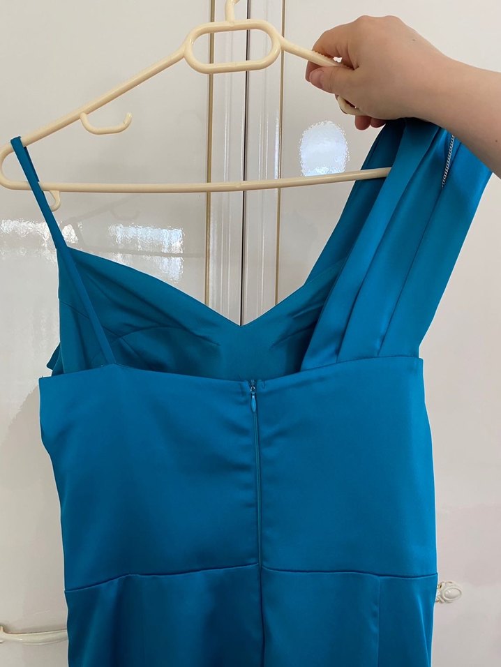 Mavi Drapeli Uzun Straplez Abiye Elbise - Görsel 4