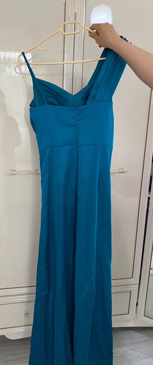 Mavi Drapeli Uzun Straplez Abiye Elbise - Görsel 5