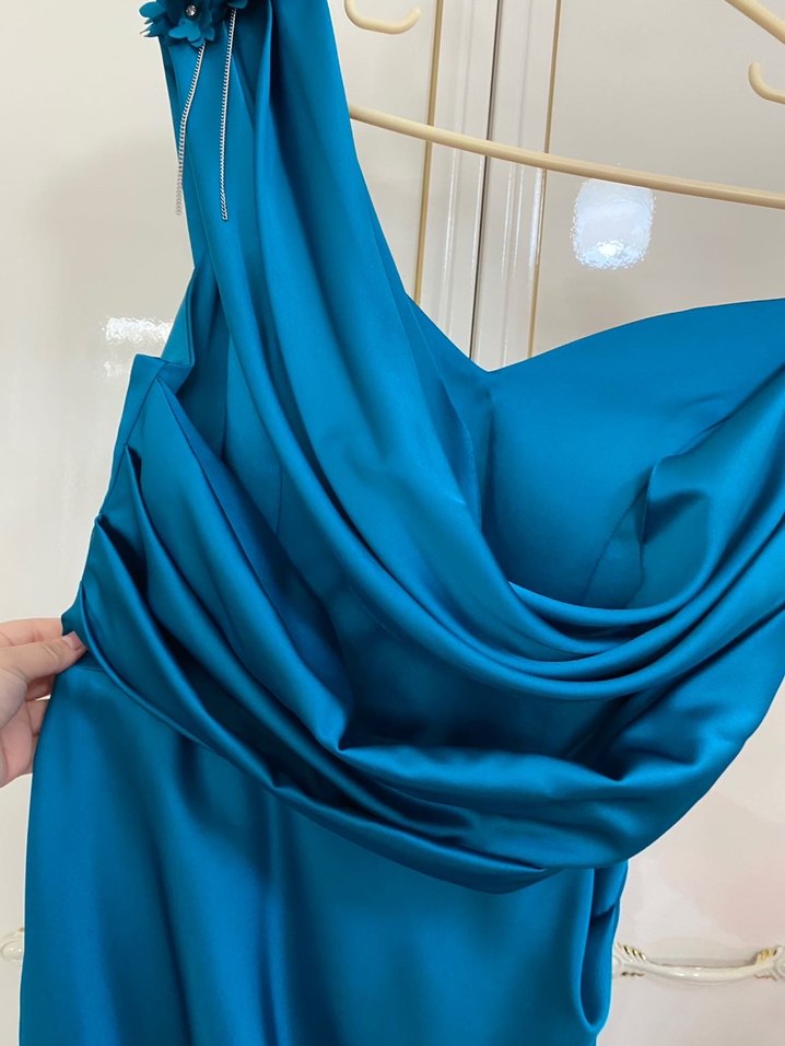 Mavi Drapeli Uzun Straplez Abiye Elbise - Görsel 3