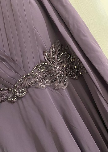 Mor Uzun Kollu Nakışlı Kadın Abiye Elbise - Görsel 5