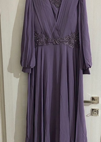Mor Uzun Kollu Nakışlı Kadın Abiye Elbise - Görsel 3