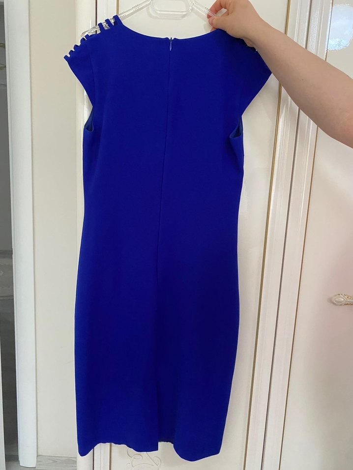 Mavi Drapeli Midi Kadın Ofis Elbisesi - Görsel 3