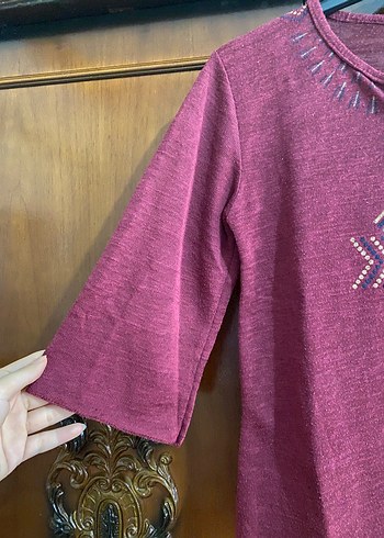 Diğer Bordo V Yakalı Nakışlı Kadın Triko Bluz