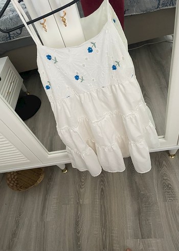 Beyaz Mini Bohem Askılı Elbise