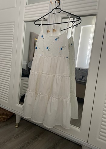s Beden Beyaz Mini Bohem Askılı Elbise
