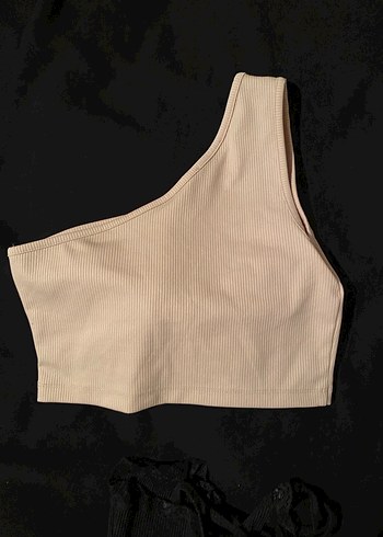 38 Beden Bej Tek Omuzlu Crop Top