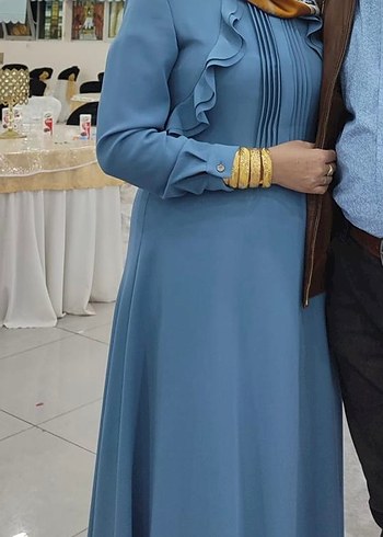 44 Beden Uzun Kollu Mavi Elbise