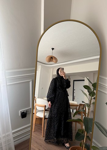 Diğer Şeffaf Desenli Siyah Uzun Elbise Tesettür Abiye