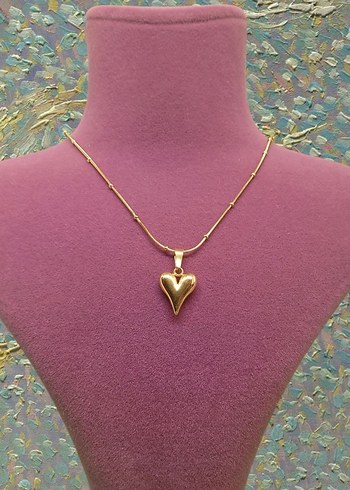 Çelik Gold Zincir Şişkin Kalpli Kolye