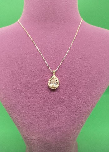 Beden Çelik Gold Zincirli Damla Kesim Taşlı Kolye