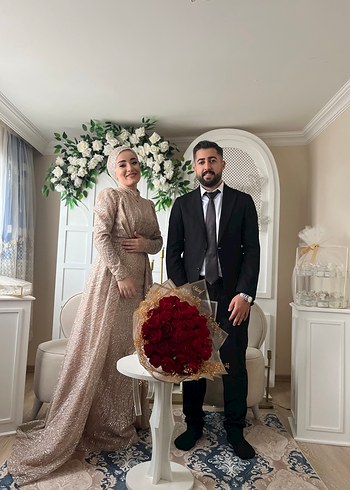 Ilmio Krem Renkli Desenli Uzun Kollu abiye