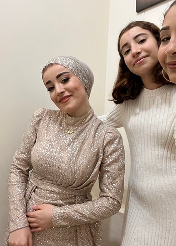 m Beden Krem Renkli Desenli Uzun Kollu abiye