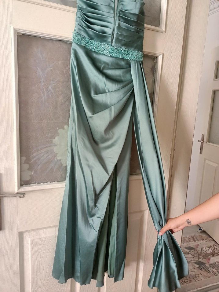 Turkuaz Uzun Drapeli Straplez Abiye Elbise - Görsel 2