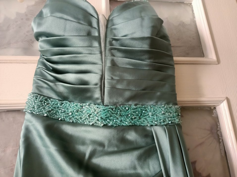 Turkuaz Uzun Drapeli Straplez Abiye Elbise - Görsel 4