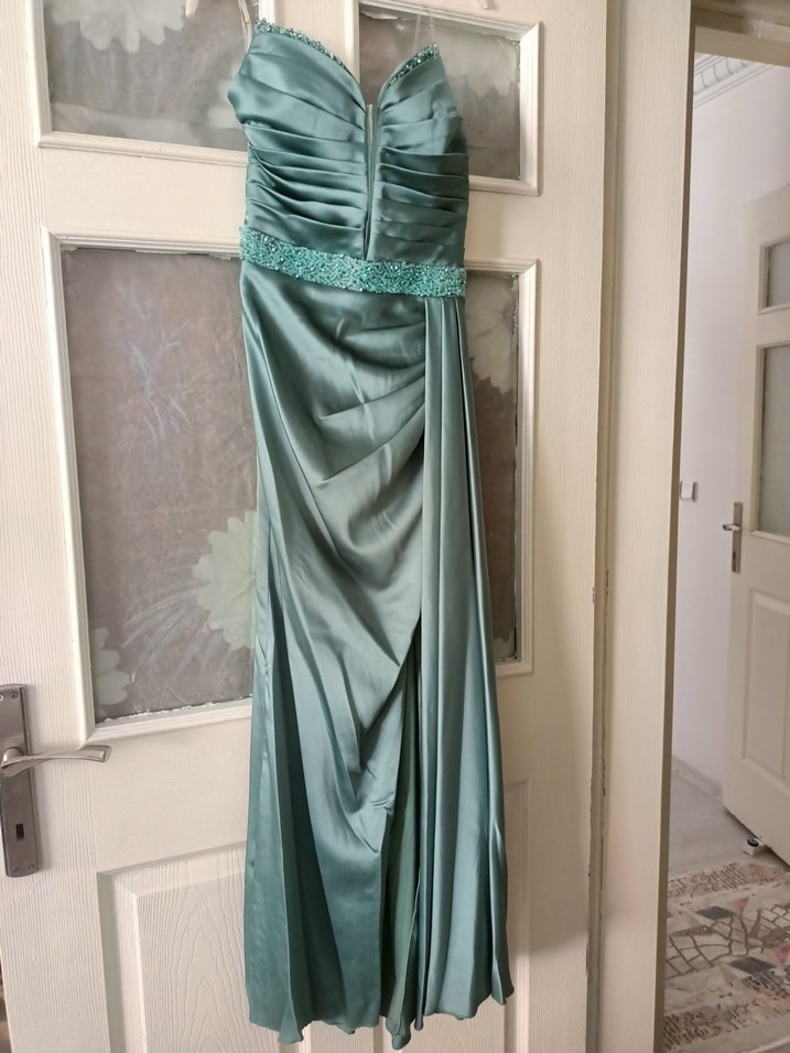 Turkuaz Uzun Drapeli Straplez Abiye Elbise - Görsel 5